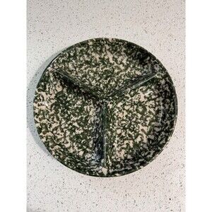 Henn Pottery Divided Dish 9” Round Plate Spongeware Green Signed 3 Sections USA